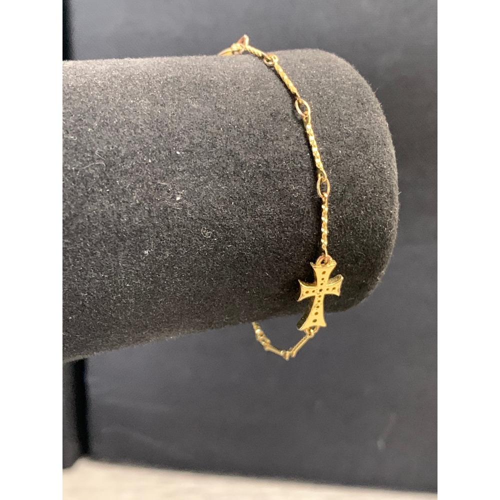 Gold Tone Rhinestone Cross Charm Chain Bracelet Religious Jewelry 5in 3544